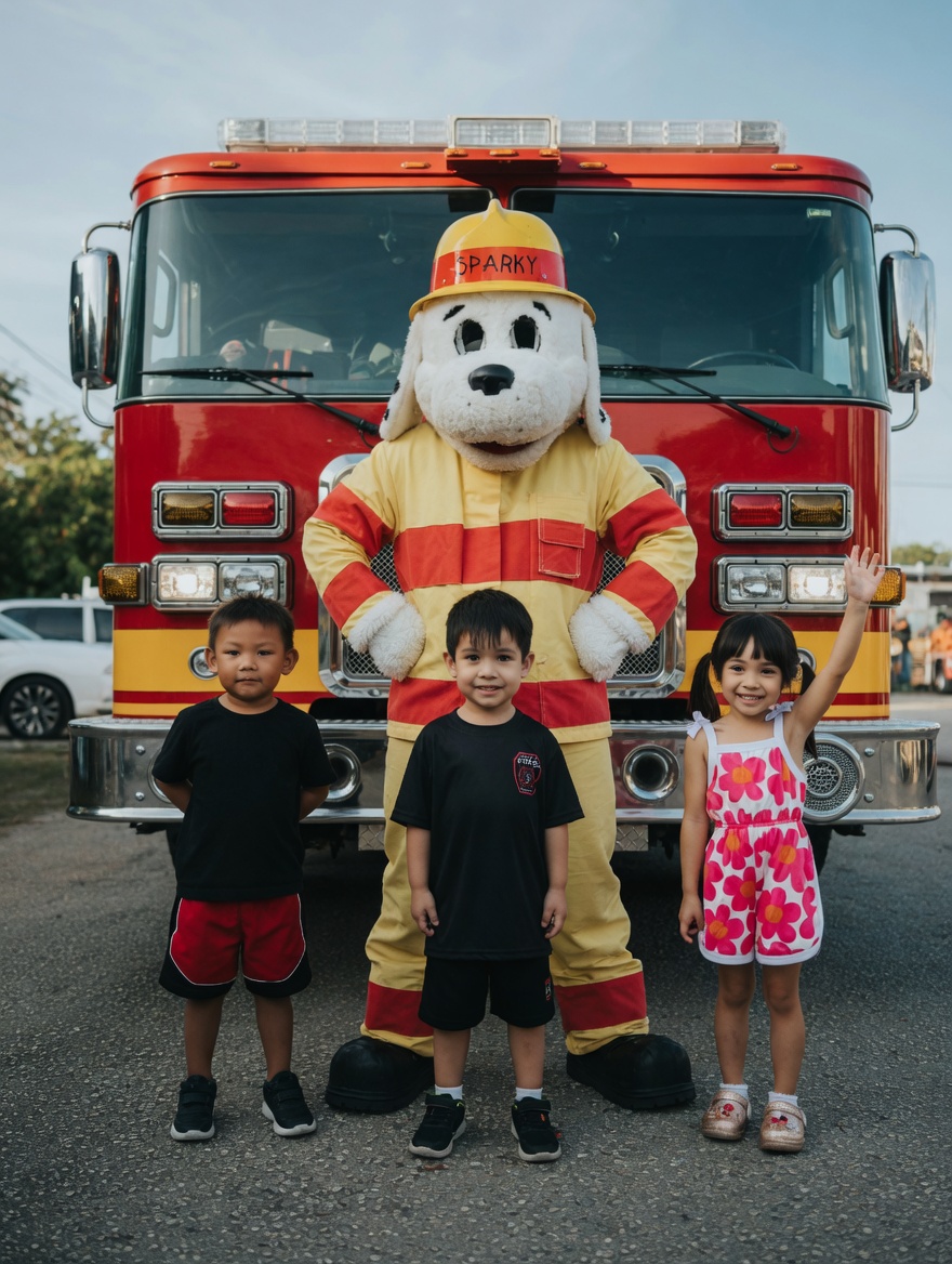 Children with Sparky mascot at fire truck event at Bambini Montessori School Guam