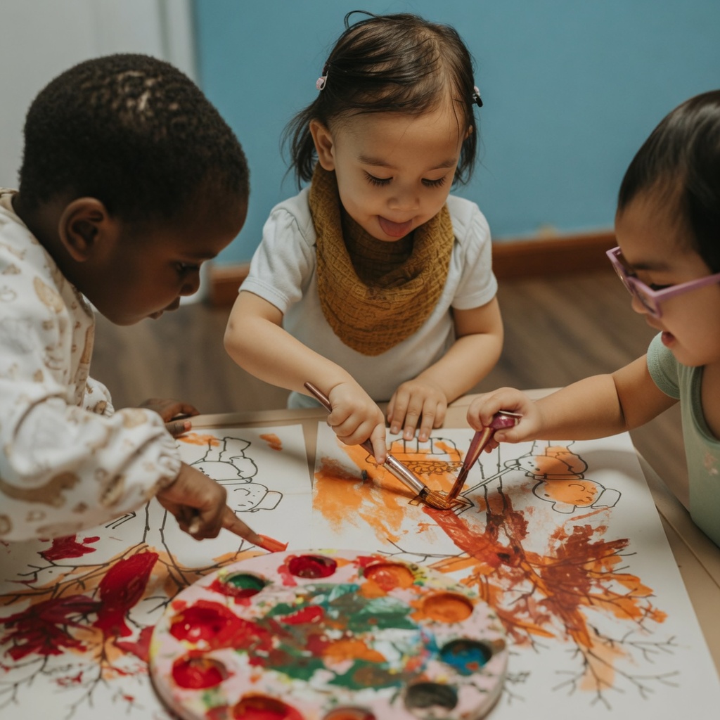 Children painting together at Bambini child care Guam